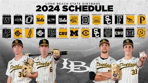 W, 7-1. May 27 (Sat) 6 p.m. Box Score Recap. Big West. Senior Night (Senior Poster) Presented by Press Telegram, Fireworks Show. All Times listed are Pacific Time and subject to change. Skip Ad. The official 2023 Baseball schedule for the Long Beach State University Dirtbags.. 