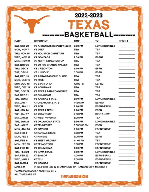 THE SCHEDULE—The 2023 schedule features 36 home games at UFCU Disch-Falk Field after opening the season at the College Baseball Showdown at Globe Life Field in Arlington. In Big 12 play, the Longhorns will host Texas Tech, Kansas State, Oklahoma and West Virginia and will travel to Oklahoma State, Baylor, TCU and Kansas.. 