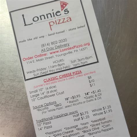 Lonnie's pizza menu. ... pizza DeliveryView all. Popular cities. Food ... Ruby Tuesday (102 Lonnie Lane). 4.6 x (47) • 2186.1 mi. 102 ... *THESE MENU ITEMS ARE COOKED TO ORDER. NOTICE ... 