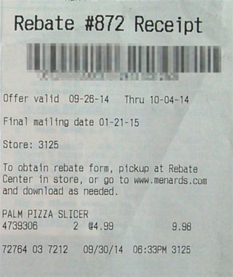 Look up menards receipt. Download the Menards Rebate Center website or download the rebate form upon receipt of purchase. Enter the required information including name, address and email. Take out the proofofpurchase barcode that is on the packaging of the product. Send the completed rebate form and barcode to Menards Rebate Center. 