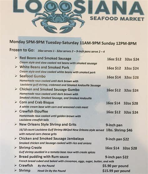 Menu added by users March 14, 2023. The restaurant information including the Looosiana Seafood Market menu items and prices may have been modified since the …. 