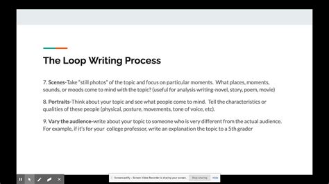 Looping Looping is a version of freewriting that works as follows: Pick a topic and freewrite for a set time (e.g., 10 to 15 minutes). Review what you have written and write a summary sentence. Use the summary sentence as a prompt for another freewriting session. Repeat the loop until you feel happy with the ideas you've come up with.. 