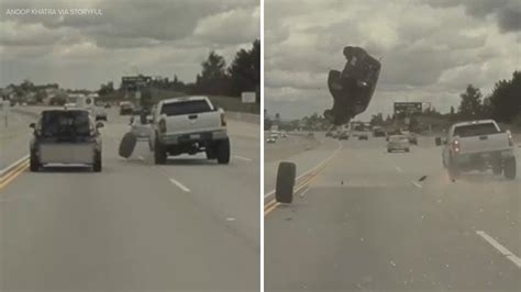 Loose tire launches car into midair spin on 118 Freeway in Chatsworth: video