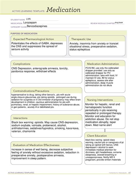 Lorazepam active learning template. ACTIVE LEARNING TEMPLATE: STUDENT NAME Medication Herminia Munoz MEDICATION CATEGORY CLASS REVIEW MODULE. AI Homework Help. Expert Help. Study Resources. Log in Join. ATI Medication Template - lorezapem.docx ... Medication Administration Evaluation of Medication Effectiveness Nursing Interventions Client … 