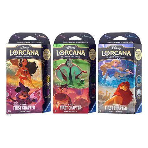 Lorcana decks. Description. "As an Illumineer, you’ll wield six magical inks to summon glimmers of Disney characters. Glimmers can appear as familiar friends or in fantastically reimagined forms. Recruit glimmers to your team as you travel through the world of Lorcana." Disney Lorcana: The First Chapter releases September 2023. Trademarks … 