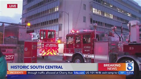 Los Angeles County building burns in Historic South-Central; 2 firefighters injured