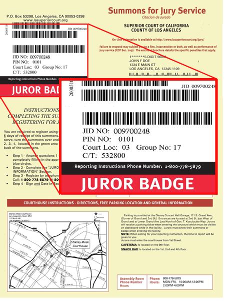This juror site provides basic juror information on preparing for jury service and what to expect while serving, how to complete your jury summons, frequently asked questions, and provides helpful information about the courthouse to which you have been summoned. ATTENTION JURORS: Update regarding jury service Online Services My Jury Duty Portal. 