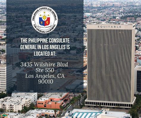 Los angeles philippine consulate. Dec 2, 2023 · The Consulate General of the Philippines in Los Angeles was established in 1947. For a brief history of the Philippine Consulate General in Los Angeles, please visit www.philippineconsulatela.org. It serves the consular needs of the largest Filipino community outside the Philippines numbering more than one (1) million. 