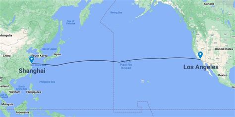 The geographic midpoint between Los-Angeles and Shanghai is in 3,241.80 mi (5,217.17 km) distance between both points in a bearing of 268.40°. The shortest distance (air line) between Los-Angeles and Shanghai is 6,483.59 mi (10,434.33 km). The shortest route between Los-Angeles and Shanghai is according to the route planner.. 