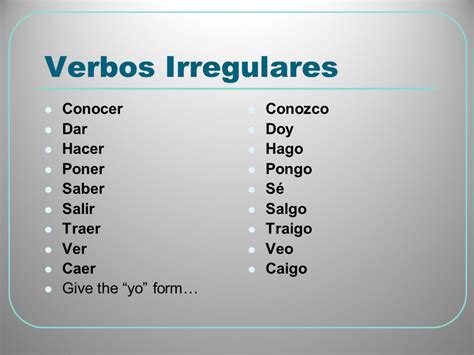 Los verbos poner, salir, traer, conocer, ver, dar and hacer Irregular