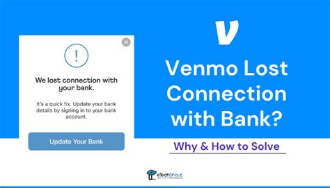 Lost connection with bank venmo. Tap your profile picture in the top-right corner of the screen. Scroll down to the “ Available Updates ” section and find the Venmo app. Tap “ Update ” next to the Venmo app. Wait for the update to download and install. 5. Clear the Venmo App Cache and Data. One common issue is that clearing the app cache and data can sometimes resolve ... 