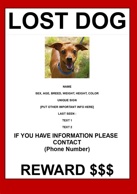 Lost dog poster. Mar 8, 2013 · Print one 8 ½” x 11” picture of your dog for each poster board. Write, “LOST DOG,” at the top of each poster board with your Sharpie. Tape a picture of your dog in the center of each poster board using clear duct tape, making sure to cover each picture entirely with clear duct tape to protect them from wet weather. 