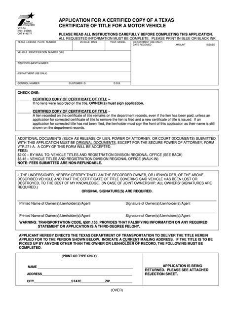 Lost title texas. Complete page 1 of this form and submit the following to a TxDMV Regional Service Center: Both pages of this form, Bonded Title Application or Tax Collector Hearing Statement of Fact (VTR-130-SOF). The $15.00 non-refundable processing fee in the form of cash, check, or money order. Do not mail cash. 