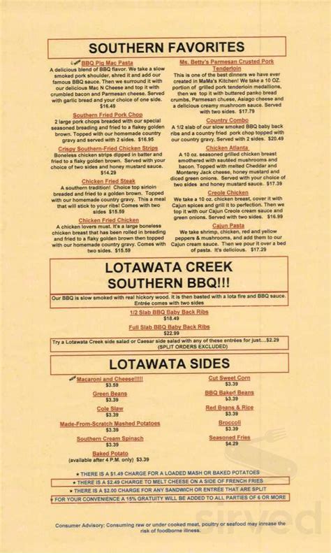 Lotawata creek fairview heights menu. Review. Share. 695 reviews. #1 of 51 Restaurants in Fairview Heights $$ - $$$, American, Vegetarian Friendly, Vegan Options. 311 Salem Pl, Fairview Heights, IL 62208-1314. +1 618-628-7373 + Add website. Menu. Closed now See all hours. Improve this listing. 