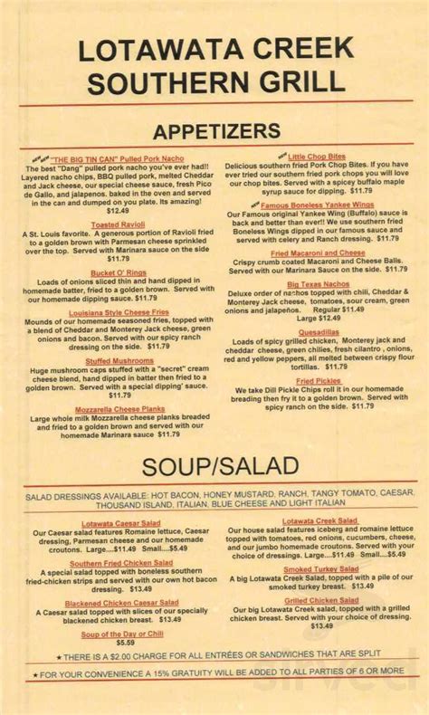 Lotawata creek menu fairview heights il. 695 reviews. #1 of 50 Restaurants in Fairview Heights$$ - $$$, American, Vegetarian Friendly, Vegan Options. 311 Salem Pl, … 