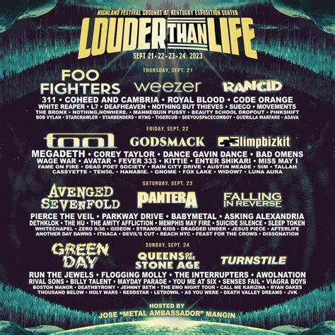 Louder than life 2023 tickets. 2024 Louder Than Life lineup. The current music lineup for Louder Than Life on Sept. 26-29 is as follows, with additional artists to be announced: Slayer. Mötley Crüe. Slipknot. Korn. Disturbed ... 