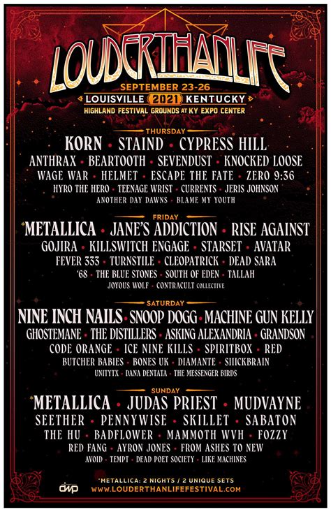 Louder than life schedule. Louder Than Life 2022: Nine Inch Nails, Slipknot, KISS set to rock the Com­mon­wealth. LOUISVILLE, Ky. — Metal heads and rock fans alike received some huge news Wednesday afternoon as Louder Than Life revealed its lineup for the four-day 2022 festival, which will feature Nine Inch Nails, Slipknot, KISS and Red Hot Chili Peppers as … 