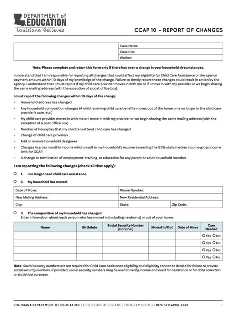 CHILD CARE ASSISTANCE PROGRAM ˜CCAP˚ PANDEMIC PROTECTIVE SERVICES CRISIS APPLICATION•CCAP22C LOUISIANA DEPARTMENT OF EDUCATION • CHILD CARE ASSISTANCE PROGRAM (CCAP) • REVISED JANUARY 5, 2022 1 1. HEAD OF HOUSEHOLD IDENTIFYING INFORMATION: This form should be completed by the …. 