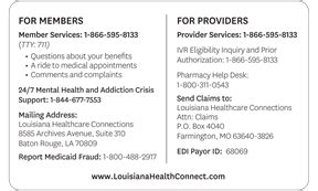 Louisiana healthcare connections provider phone number. 2023-03: Updated Provider Manual Available. Date: 02/15/23. Louisiana Healthcare Connections has published an updated Provider Manual. Changes to the Louisiana Healthcare Connections Provider Manual (PDF) (pg 175) reflect the recent update to the MCO manual related to OB ultrasounds and MFM services. We encourage providers to … 