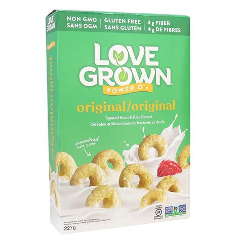 Love grown cereal. Ingredients. Cereal, Chocolate, Power O's. Toasted rice & bean cereal. 4 g plant protein. 4 g fiber. Certified gluten free. gfco.org. Gluten free. Vegan. Non-GMO Project verified. nongmoproject.org. Growing Better. Bite by Bite. At Love Grown, we see every day as a chance to eat, live and be better, so our foods and flavors make it easy. 