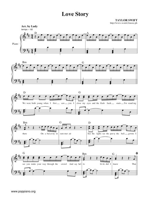 Love story piano sheet music. 11/2/2018 12:57:04 PM. Love Story - Taylor Swift. These are for the beginning Piano student. My major issue is - the notes are too small! they are well arranged however - attention should be given as to the size of the notes! 