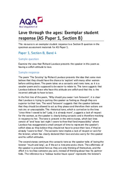 Love through the ages: Exemplar student response (AS Paper 1