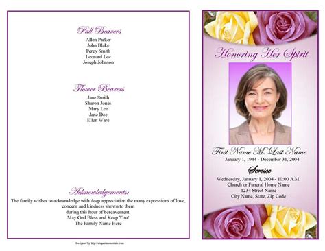 Lovely Purple Rose Funeral Program Template 4 Page Graduated Fold
