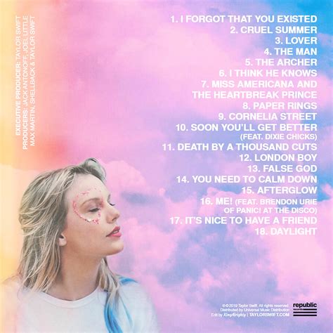 Aug 7, 2019 · A post shared by Taylor Swift (@taylorswift) Just days after the listening season –the entire tracklist for Lover has allegedly leaked online. A random Twitter account called @TracklistLover ... . 