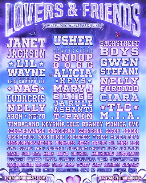 Lovers and friends 2024. Jan 26, 2024 · Lovers & Friends is a one-day R&B and hip-hop festival that will take place on Saturday, March 4th, 2024 at Las Vegas Festival Grounds. The loaded lineup features Usher, Janet Jackson, and Mary J. Blige, plus Lil Wayne, Snoop Dogg, Backstreet Boys, Nas, Alicia Keys, Gwen Stefani, Nelly Furtado, Ludacris, Ciara, TLC, M.I.A., Nelly, and Timbaland. 