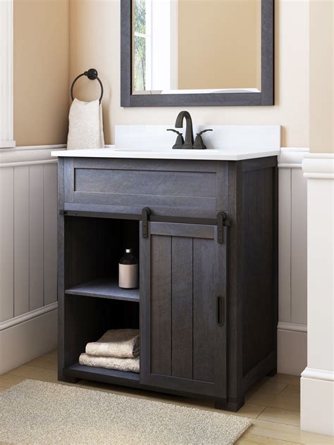 As for sizing, the general rule for small bathrooms is to choose a 24-inch bathroom vanity, 30-inch bathroom vanity or 36-inch bathroom vanity. For large bathrooms, typical vanities range from 48 inches to 60 inches wide. Vanity Colors and Finishes. Vanities come in all types of colors and materials, including glass, metal and wood.