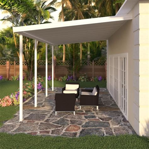 Lowe%27s patio covers. Sierra patio covers are engineered with high-strength aluminum panels sent punched for support beam and adjustable 2-piece wall channel for ease of installation. All white unit designed for heavy loads and high winds. 4-in support beam attaches to prepunched pans 6-in from front of unit. 8-ft P x 20-ft W. Extruded aluminum posts are 8-ft tall x ... 