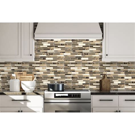 Shop Aspect Collage Collage Oyster 12-in x 12-in Multi-finish PVC Stacked Stone Look Peel and Stick Wall Tile (5-sq. ft/ Carton) in the Tile department at Lowe's.com. Update your kitchen or bathroom quickly and easily with Aspect Peel and Stick Collage. Aspect Collage tiles are a unique mix of brushed metal and durable stone. Lowe's peel and stick backsplash