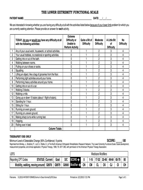 Lower Extremity Functional Scale Fill and Sign Printable Template