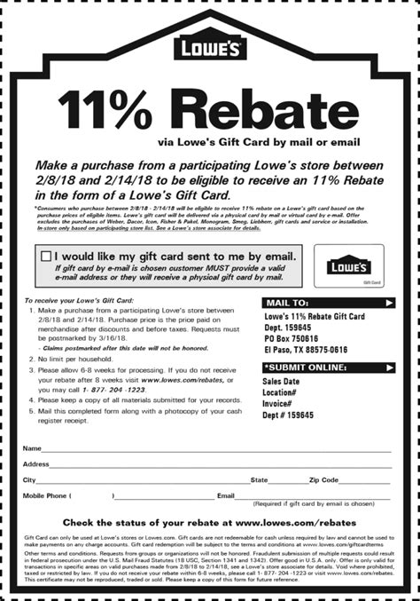 Nov 9, 2023 · Lowes 11 Percent Rebate December 2023 – Menards offers an 11% rebate on Select Products The company doesn’t announce the rebate prior to the time. Here are some ways to be eligible. Here are some ways to be eligible. . 