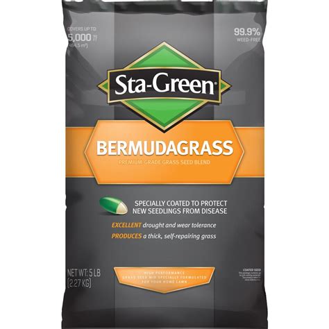 Lowes bermuda grass seed. 5-lb sun Bermuda grass seed mixture produces a dark green turf grass with excellent heat resistance. Warm-season grass should be planted in late spring or summer in temperatures of 71-80°F. Performs best in sunny areas. Spreading growth pattern with medium to fine texture creates a yard that is durable and gentle on bare feet. 