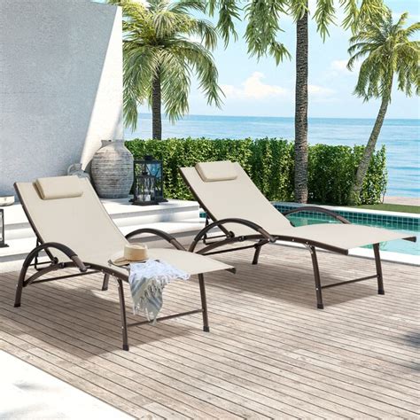 Crestlive ProductsPatio chaise lounge Set of 2 Aluminum Frame In Brown Finish Aluminum Frame Stationary Chaise Lounge Chair (s) with Gray Textilene Fabric Sling Seat. Model # CL-LG006LGY-2PC. 14. • Completely constructed of powder coated aluminum frame, this lounge chair ensures its durability and rust proof. . Lowes patio furnature