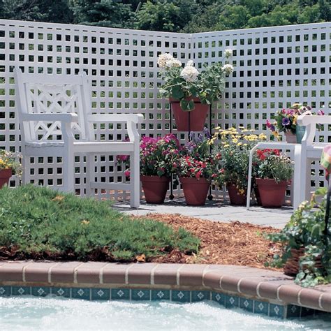 Lowes privacy lattice. 2 ft. x 4 ft. Sprig Black Polypropylene Decorative Screen Panel. The Veranda White Classic Diamond 2 ft. x 8 ft. Vinyl Lattice features a vinyl construction that is both weather and impact resistant. It features a low-maintenance design that is easy to install and maintain. Lattice will not discolor or show scratches over time. 