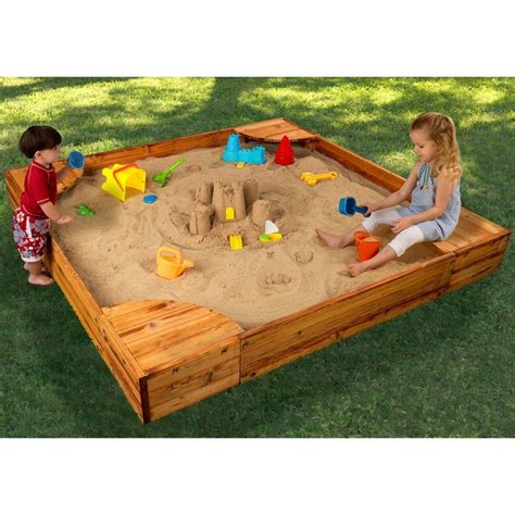 Solid Wood Sandbox. Reviewers rave about this solid wood sandbox for its easy assembly and looks that blend perfectly with their backyard. The clever design converts the cover to benches for sand-free bottoms, but clearly there are no rules that say anyone has to use them. Size: 46.5″ x 46.5″ x 9.5″. SHOP WAYFAIR.. 