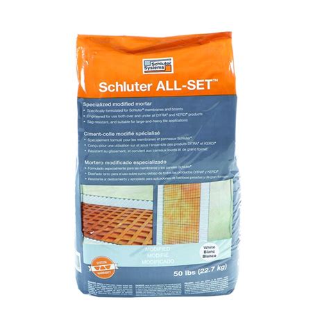 Lowes schluter all set. Schluter ALL-SET® is a mixture of cement, sand, polymer and additives that sets and gains strength through cement hydration and polymer film formation when mixed with water. It is engineered for use with Schluter membranes and boards, including tile installation. 