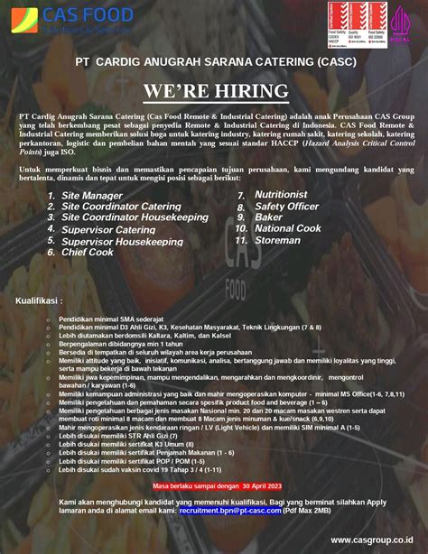 Lowongan Kerja Supervisor Catering PT Cardig Anugrah Sarana …