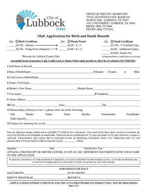 At the City of Lubbock Vital Records, 1625 13th Street, Room 102, 775-2934. ... 775-3069 Birth certificates that are from the rural towns around Lubbock, Reese Air Force Base and Delayed Births can be obtained from the County Clerk's Office, 904 Broadway, 2nd Floor, Room 207; 775-1056. How do I get a Marriage License?