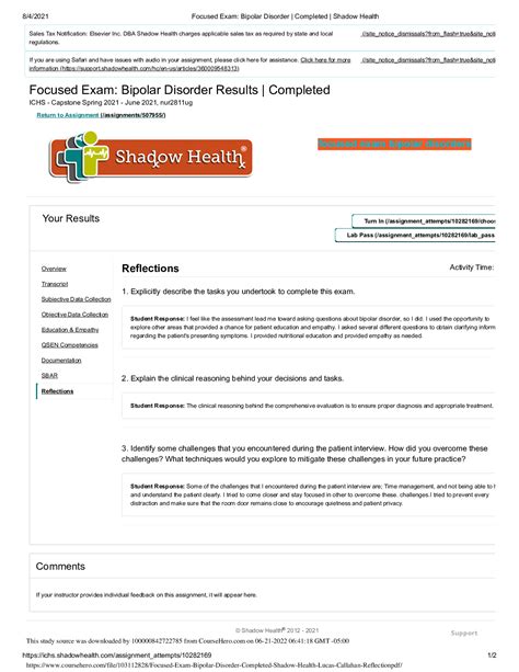 1 Shadow Health Focused Exam: Bipolar Disorder Lucas Callahan Subjec>ve Data (page 1-27) Educa>on/Empathy (pages 27-28) SBAR (page 28-29) Chief Complaint • Finding: Asked about chief complaint • Finding: Reports being brought in by police Why are you in the emergency department tonight? History of Present Illness • Finding: Followed up on incident • Finding: Reports looking into cars ...