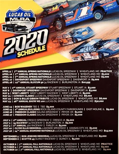 Lucas oil late models 2022 schedule. Dirt Track. 30th Annual Lucas Oil Show-Me 100 Presented by ProtectTheHarvest.com. Lucas Oil MLRA, Lucas Oil Late Model Dirt Series, USRA Modifieds. Results. Jun11. … 