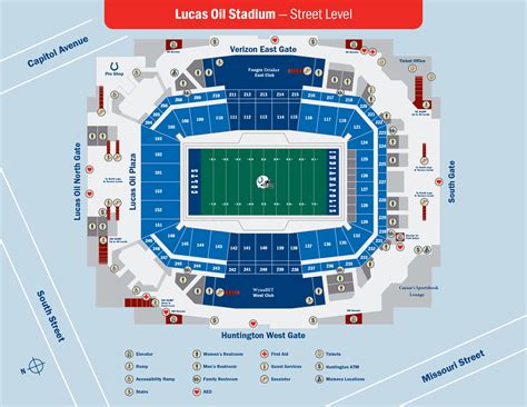 Lucas oil map stadium. The street level seats at Lucas Oil Stadium consist of sections 101 through 153 as well as sections 204 through 249. For sections 101 through 153, there are between 22 and 26 rows of seats in each section, beginning with row 1. For sections 204 through 249, there are between 11 and 13 rows of seats in each section, beginning with row 1. 