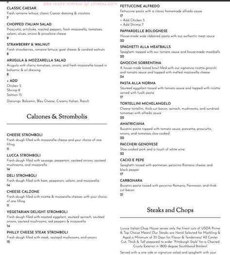 Lucca italian chophouse menu. 4.2 - 275 reviews. Rate your experience! $$ • Italian. Hours: 11AM - 9PM. 4924 Main St, Shallotte. (910) 754-2334. Menu Order Online Reserve. 