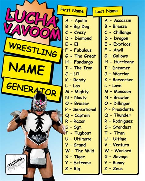 Wrestler Name Generator. Ready to embrace the spotlight of the wrestling ring? Our Wrestler name generator is here to provide a ring-ready appellation that combines strength, style, and showmanship. Just hit ‘Generate’ to discover a name fitting of both stagecraft and sport, and don’t forget to save your favorites!. 