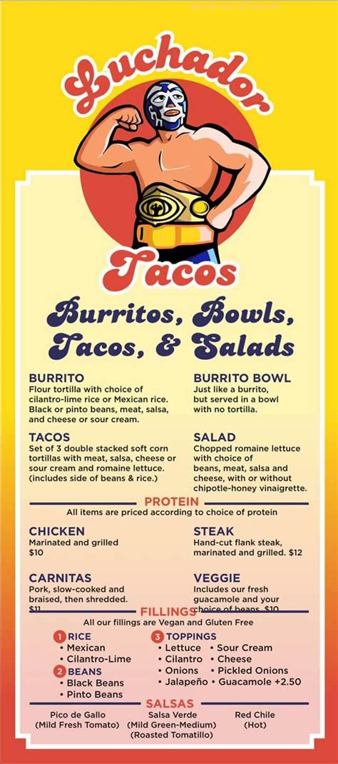 Luchadores tacos. Luchador Tacos; Mexican, Tacos, Burritos, Quesadillas; 2500 Milton Ave Janesville WI, 53545 - 52 ratings. Hours Closed; Menu Reviews Hours. Restaurant is Closed. Next Delivery at 11:00 AM. Popular Items. Steak Taco Asada. $2.50. Steak Burrito Asada. $8.50. Al Pastor Taco. $2.50. Corn in a Cup Esquites. $3.00. Chicken Taco Pollo. $2.00. No … 
