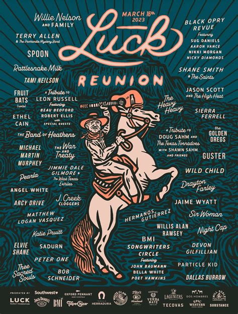 Luck reunion. Willie Nelson has unveiled details behind the 2024 edition of his annual Luck Reunion gathering, slated to take place over one day, March 14, at the famed musician’s Luck Ranch in Spicewood, Texas. 