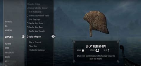 Lucky fishing hat skyrim. The fishing rod used by the player has one of the biggest effects on their fishing odds. Alik'ri and Argonian Fishing Rods decrease the chances of a caught fish being common and increase the chance of it being uncommon or rare. Alik'ri rods have an 80% chance of the fish being small, while the Argonian rods have an 80% chance of it being large. 