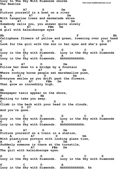 Lucy in the sky with diamonds lyrics. "Lucy in the Sky with Diamonds" is a song written by John Lennon and Paul McCartney for The Beatles' 1967 album Sgt. Pepper's Lonely Hearts Club Band. Lennon's son, Julian, inspired the song with a nursery school drawing he called "Lucy — in the sky with diamonds". ... "I was so nervous I couldn't sing," he told the journalist Ray Connolly, "but … 